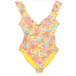 Jessica Simpson Floral Yellow Rendevous Ruffled-Neck Swimsuit Medium NWT